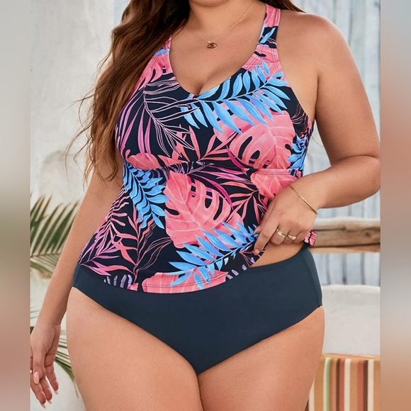 NEW 2X Cupshe two piece tankini bathing suit scoop neck criss cross tie back - Picture 4 of 5